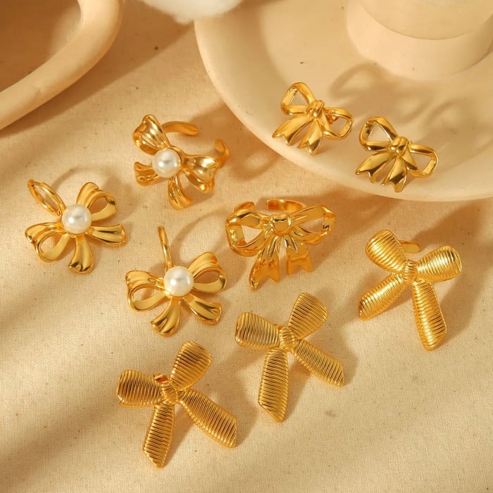 1 Piece Trendy Sweet Style Bow Knot Shape Stainless Steel  Gold Color Inlay Artificial Pearls Women's Adjustable Ring 